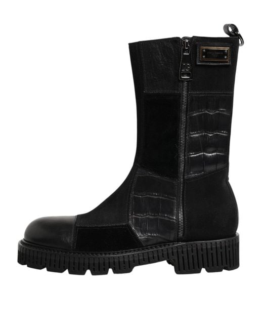 Dolce & Gabbana Black Patchwork Leather Mid Calf Boot Shoes for men