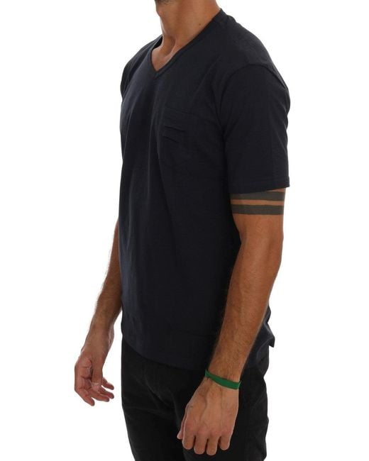 Daniele Alessandrini Black Cotton V-neck T-shirt Blue Tsh1321 for men