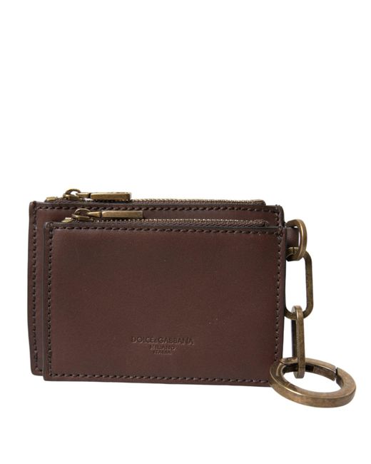 Dolce & Gabbana Brown Leather Zip Logo Keyring Coin Purse Keyring Wallet for men