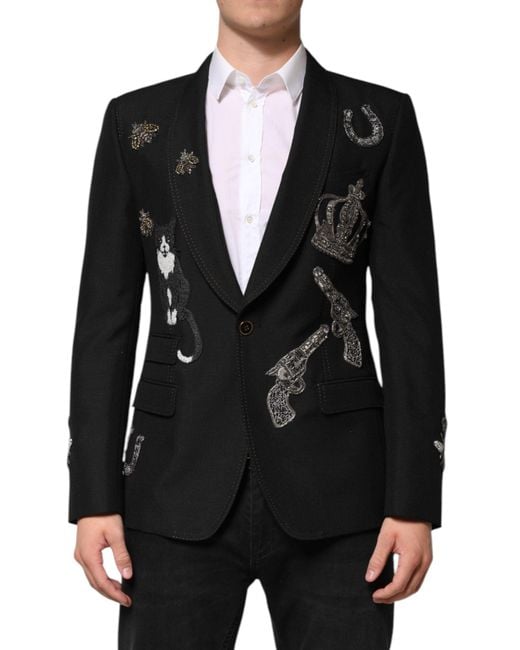 Dolce Gabbana Men's Black Bee Crown Embellished Suit Coat Blazer