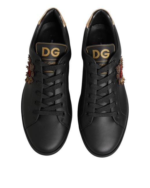 Dolce & Gabbana Brown Black Leather Heart Embellished Sneakers Shoes for men