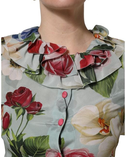 Dolce & Gabbana Black Multicolor Floral Silk Cropped Shirt Top