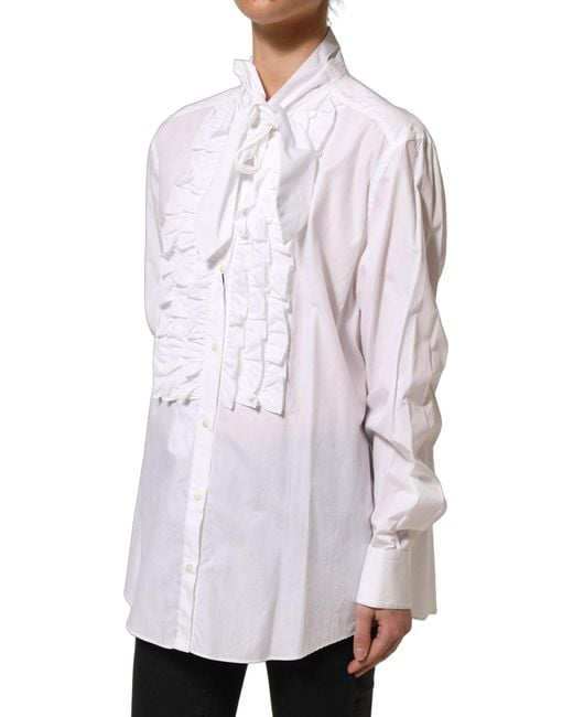 Dolce & Gabbana Gray Ruffled Bib Long Sleeves Blouse Top Cotton