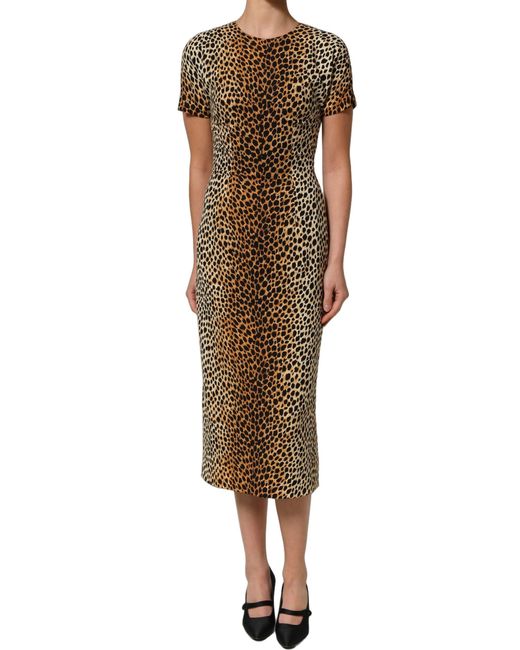 Dolce & Gabbana Black Leopard Print Silk Sheath Midi Dress Elastane