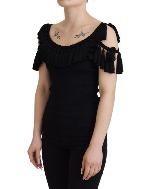 Dolce & Gabbana Black Tank Top Tassle Cotton Blouse