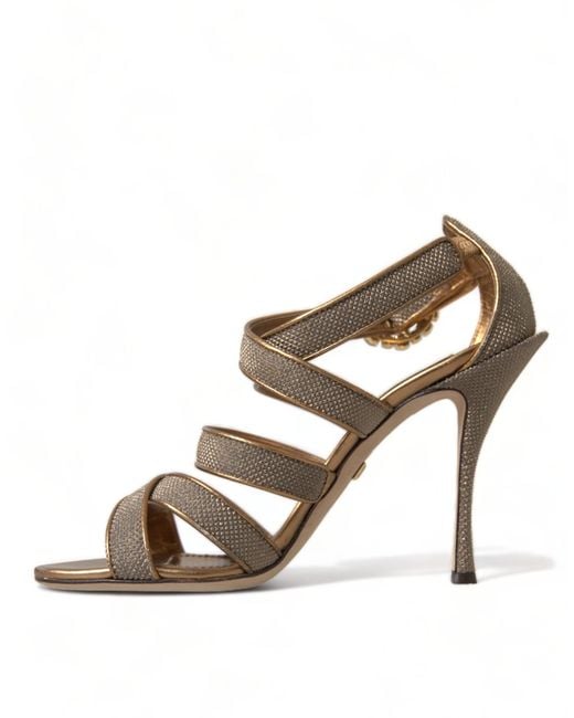 Dolce & Gabbana Metallic Bronze Crystal Strap Heels Sandals Shoes
