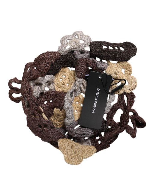 Dolce & Gabbana Brown Floral Silk Crochet Beanie Hat