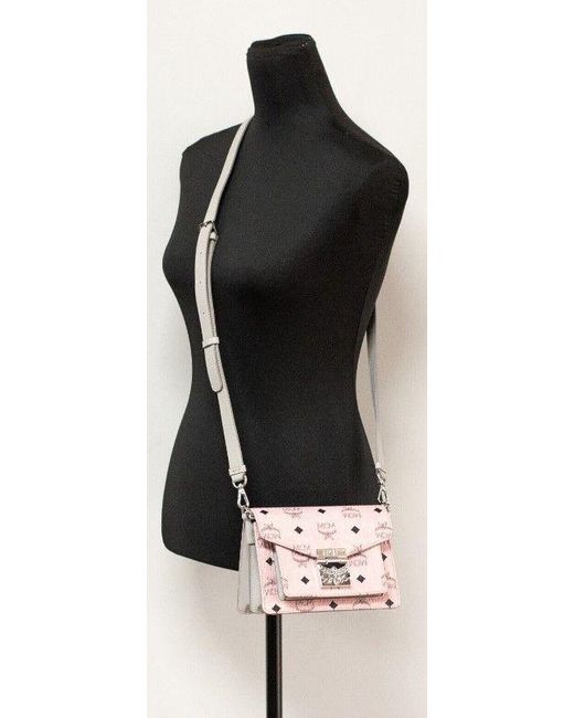 MCM Black Signature Soft Pink Diamond Logo Leather Mini Flap Lock Crossbody Handbag