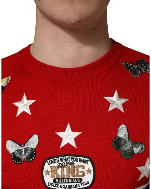 Dolce & Gabbana Blue Multicolor Wool Butterfly Star Men Crew Neck Sweater for men