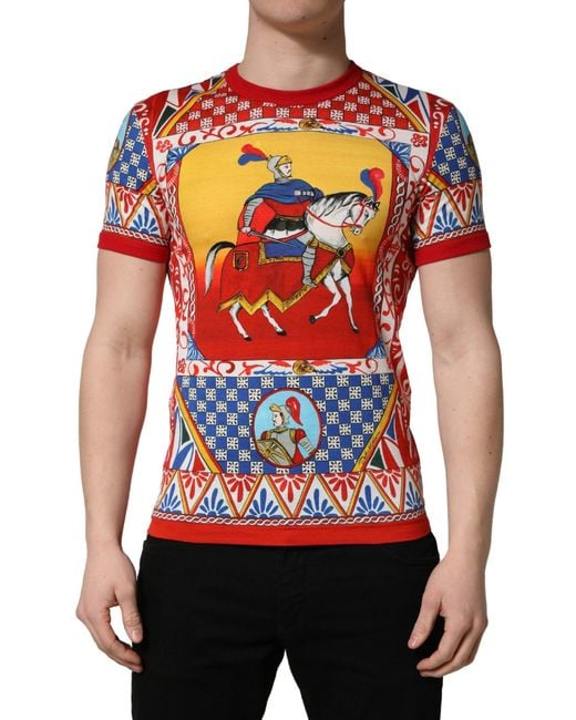 Dolce & Gabbana Red Multicolor Carretto Print Crew Neck T for men