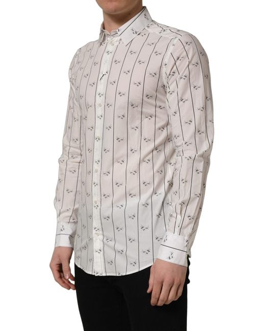 Dolce & Gabbana Gray White Bee Print Cotton Gold Fit Dress Shirt for men