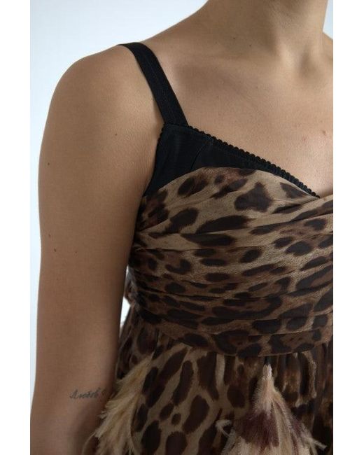 Dolce & Gabbana Natural Brown Leopard Feather Chiffon Sleeveless Dress