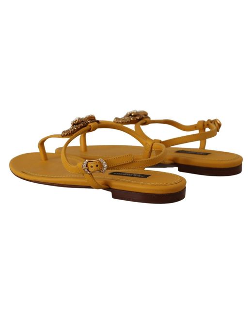 Dolce & Gabbana Black Mustard T-Strap Flat Sandals With Heart Embellishment
