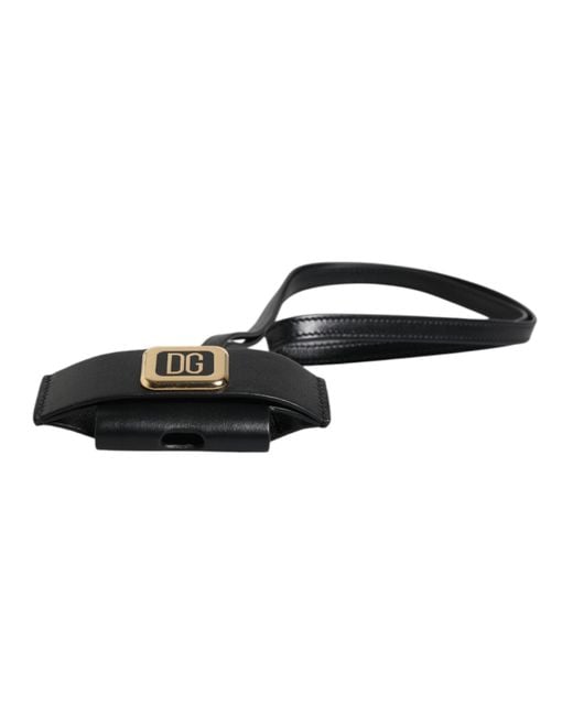 Dolce & Gabbana Black Leather Strap Metal Logo Plaque Airpods Case for men