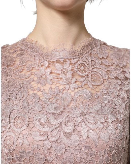 Dolce & Gabbana Brown Pink Lace Long Sleeves Evening Gown Dress