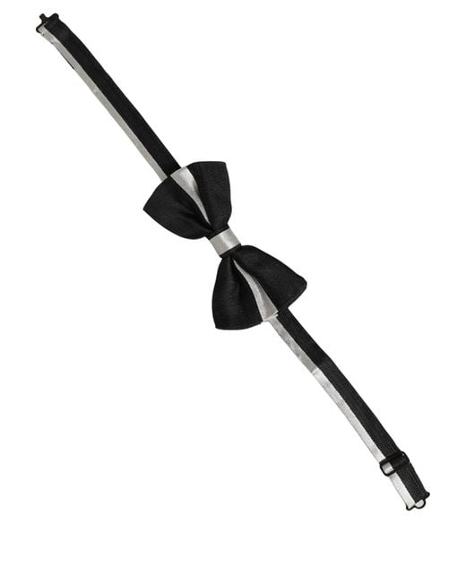 Dolce & Gabbana Black Silver 100% Silk Adjustable Neck Papillon Bow Tie for men