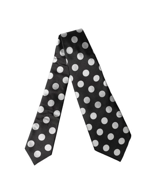 Dolce & Gabbana Black Dark Gray White Polka Dot Silk Adjustable Necktie Tie