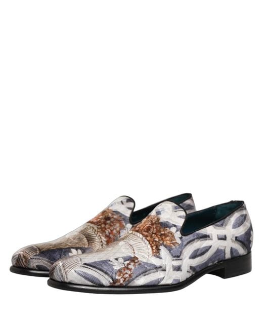 Dolce & Gabbana White Multicolor Floral Tapestry Embroidery Loafer Shoes for men