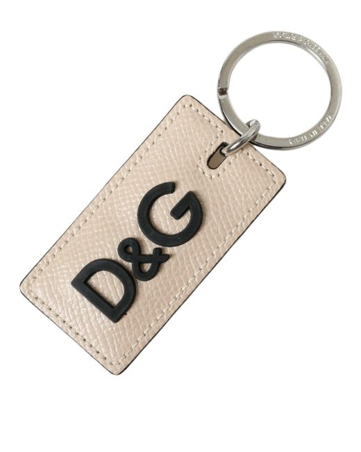 Dolce & Gabbana Natural Beige Calf Leather Dg Logo Silver Brass Keyring Keychain