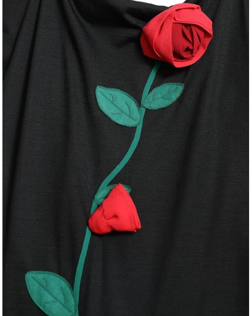 Dolce & Gabbana Black Wool Sleeveless Rose Applique Dress