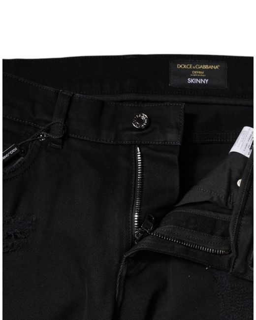 Dolce & Gabbana Black Cotton Tattered Skinny Denim Logo Jeans for men