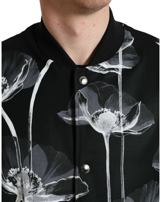 Dolce & Gabbana Black Floral Print Wool Button Down Bomber Jacket for men