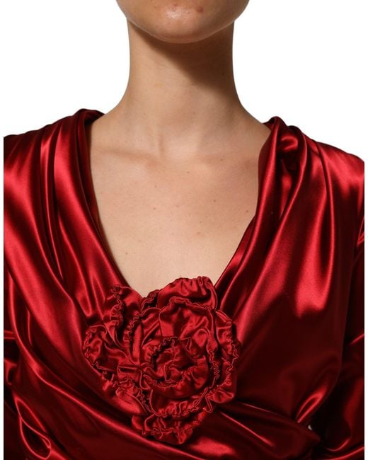 Dolce & Gabbana Red Silk Satin Draped Midi Floral Applique Dress