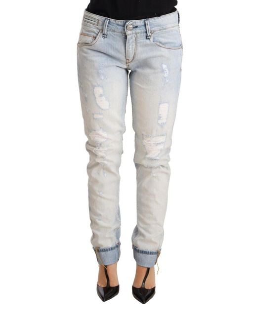 Acht White Light Blue Distressed Cotton Folded Hem Denim Trouser Jeans