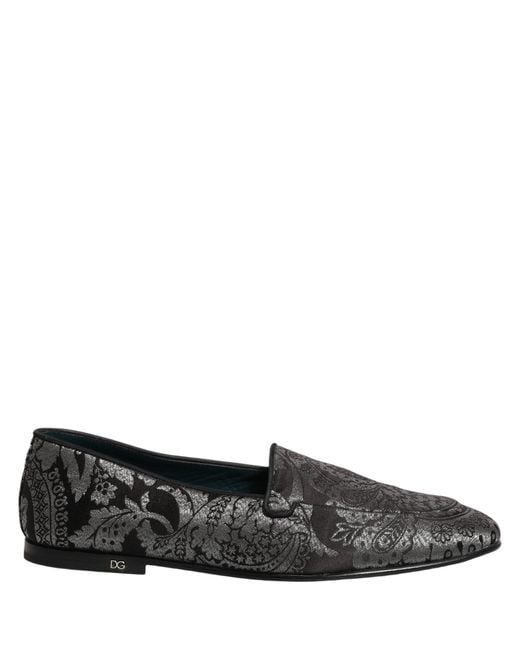 Dolce & Gabbana Black Silver Jacquard Leather Slip On Loafers Shoes for men
