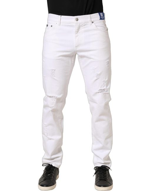 Dolce & Gabbana White Cotton Ripped Slim Fit Men Denim Jeans for men