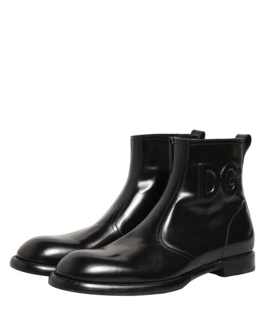 Dolce & Gabbana Black Leather Embossed Logo Ankle Boots Shoes for men