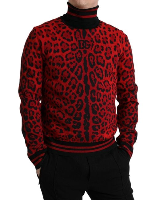 Dolce & Gabbana Red Leopard Print Turtleneck Pullover Sweater for men