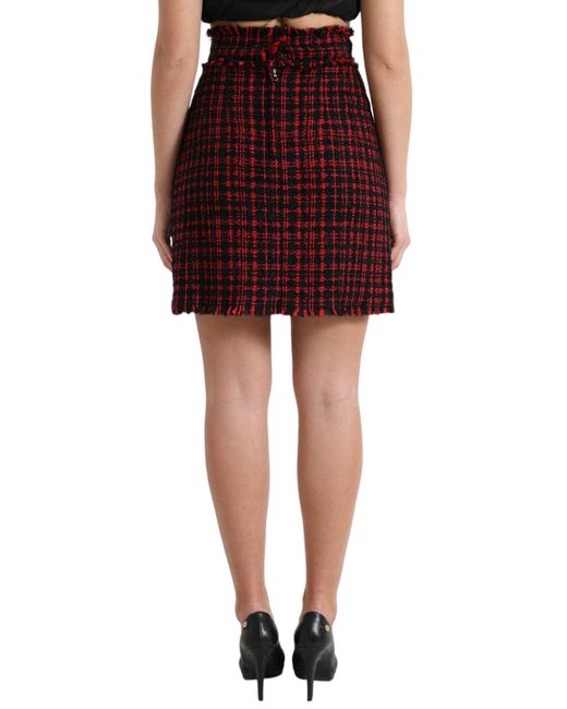 Dolce & Gabbana Black Red Cotton High Waist Tartan Tweed Mini Skirt