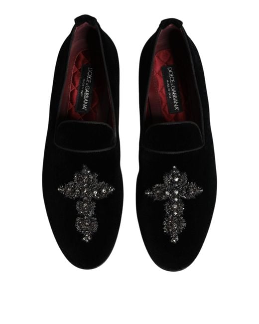 Dolce & Gabbana Black Velvet Embellished Loafer Slip On Shoes for men