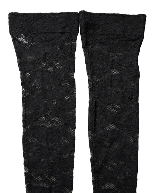Dolce & Gabbana Black Floral Lace Thigh High Stockings Socks