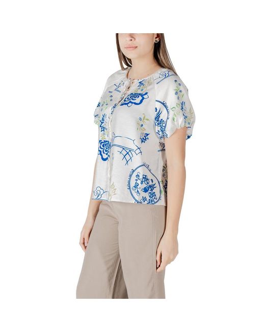 Ichi Blue White Viscose Shortsleeve Shirt