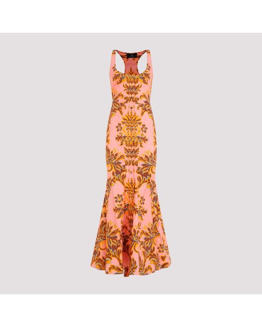 Etro Orange Print Pink Cotton Long Dress