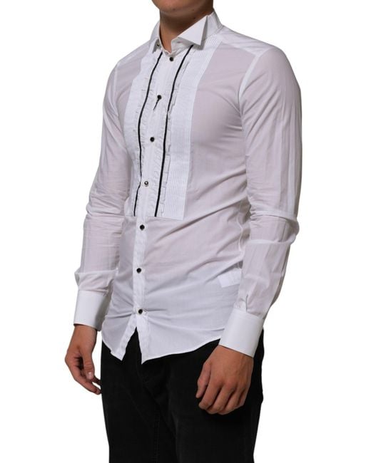 Dolce & Gabbana Purple White Cotton Collared Long Sleeve Gold Dress Shirt for men