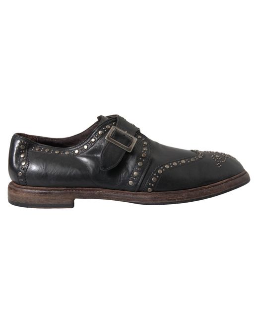 Dolce & Gabbana Black Leather Monk Strap Studded Dress Shoes for men