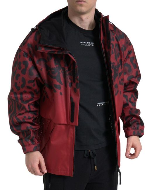 Dolce & Gabbana Red Leopard Hooded Rain Coat Jacket for men