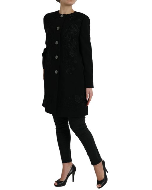 Dolce & Gabbana Black Elegant Floral Buttoned Wool Trench Coat