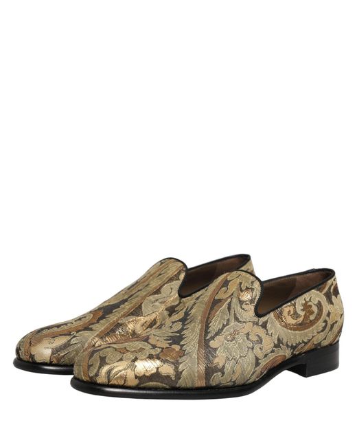 Dolce & Gabbana Gray Gold Brocade Slip On Men Dress Loafers Shoes for men