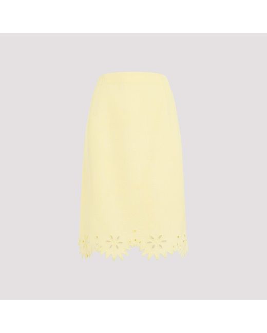 Bottega Veneta Yellow Grainy English Embroidery Viscose Midi Skirt