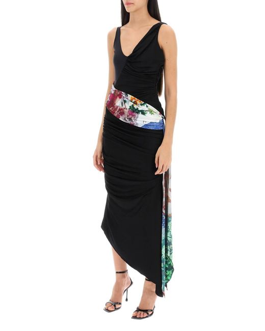 MARINE SERRE Black Dress In Draped Jersey With Contrasting Sash