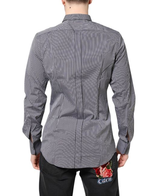 Dolce & Gabbana Gray Black White Striped Gold Formal Dress Shirt for men