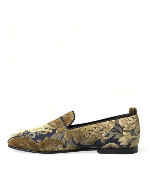 Dolce & Gabbana Green Gold Velvet Brocade Smoking Slipper Dress Shoes for men
