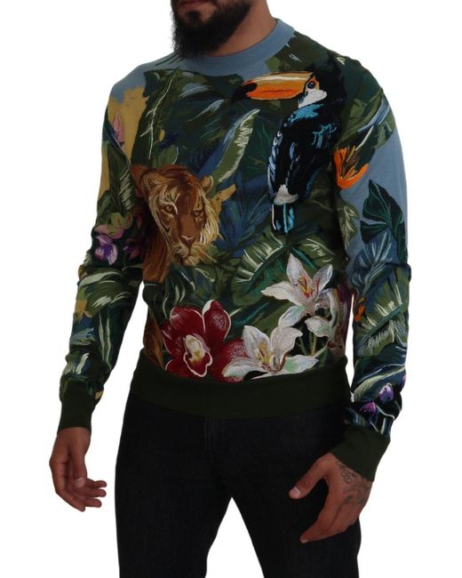 Dolce & Gabbana Black Jungle Embroidered Wool Silk Sweater for men