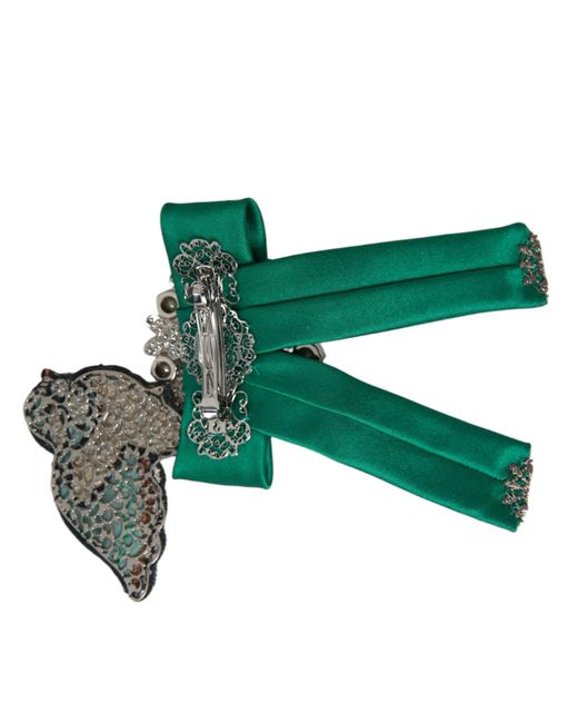 Dolce & Gabbana Green Satin Bird Crystal Hair Clip