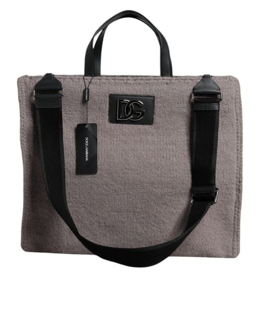 Dolce & Gabbana Black Grey Alpaca Wool Logo Plaque Tote Shoulder Bag for men