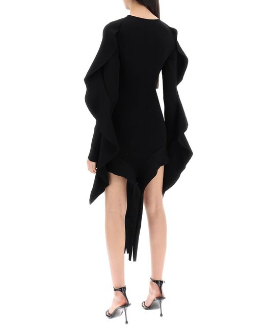 Mugler Black Asymmetric Mini Dress With Ruffle Details